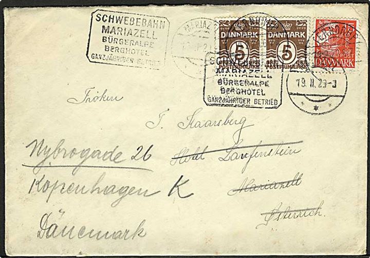 5 øre Bølgelinie i parstykke og 15 øre Karavel på brev fra Terndrup d. 14.2.1929 til Mariazell, Østrig - eftersendt til København, Danmark.