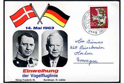 20 pfg. Fugleflugtslinie på særligt åbnings-brevkort med Fr. IX og Præsident Lübke annulleret med særstempel i Puttgarden d. 14.5.1963 til Horten, Norge.