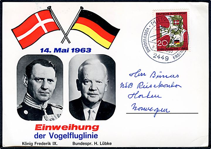 20 pfg. Fugleflugtslinie på særligt åbnings-brevkort med Fr. IX og Præsident Lübke annulleret med særstempel i Puttgarden d. 14.5.1963 til Horten, Norge.