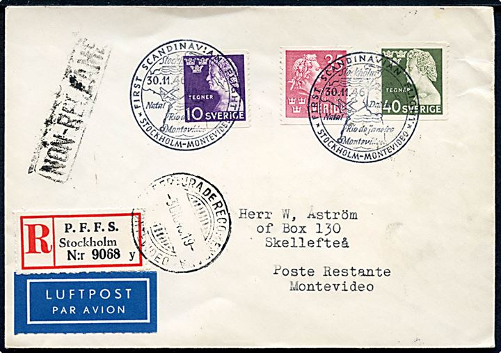 10 öre, 40 öre Tegner og 35 öre Bellmann på anbefalet SAS førsteflyvningskuvert Stockholm - Montevideo annulleret med særstempel i Stockholm d. 30.11.1946 til poste restante i Montevideo.