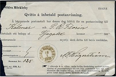 1890. Fortrykt postkvittering for afsendelse af postanvisning fra Södra Möckleby på Öland d. 10.1.1890 til Kamlar.
