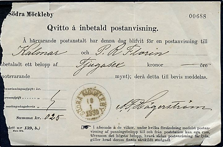 1890. Fortrykt postkvittering for afsendelse af postanvisning fra Södra Möckleby på Öland d. 10.1.1890 til Kamlar.
