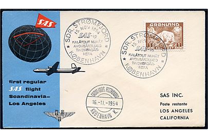 1 kr. Isbjærm på illustreret SAS flyvningskuvert annulleret med særstempel Sdr. Strømfjord d. 15.11.1954 via Grønlands Postkontor København K. d. 16.11.1954 til poste restante i Los Angeles, USA.