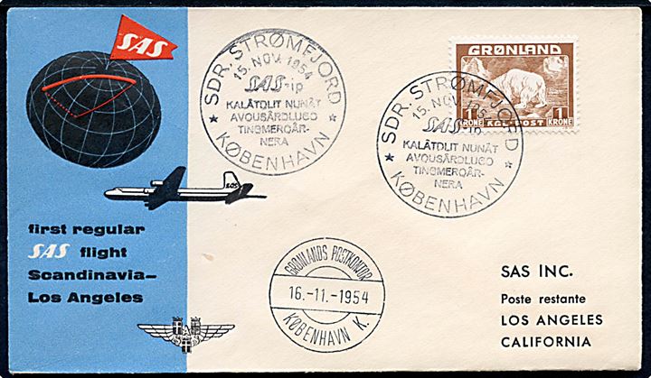 1 kr. Isbjørn på illustreret SAS flyvningskuvert annulleret med særstempel Sdr. Strømfjord d. 15.11.1954 via Grønlands Postkontor København K. d. 16.11.1954 til poste restante i Los Angeles, USA.