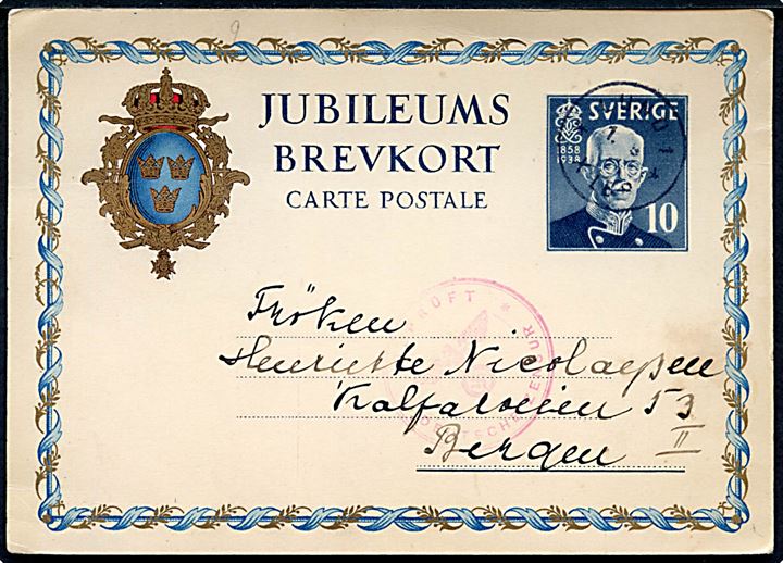 10 öre Gustaf Jubilæum helsagsbrevkort fra Lund d. 1.9.1940 til Bergen, Norge. Tidlig tysk censur med stempel Geprüft / Deutsche Zensur.