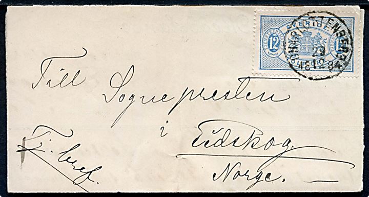 12 öre Tjenestemærke på brev dateret i Eda og annulleret Charlottenberg d. 29.12.1884 til Eidskog, Norge. Interessant brug at tjenestemærker mellem Sverige og Norge. 