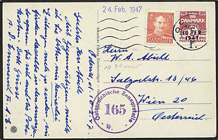 5 øre Bølgelinie og 20 øre Chr. X på brevkort fra Odense d. 10.2.1947 til Wien, Østrig. Passér stemplet Österreichesche Zensurstelle 165.