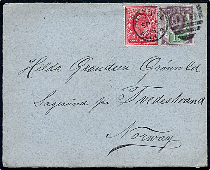 1d og 1½d Edward VII på brev annulleret med duplex Holywell Flints. /375 d. 15.9.1905 til Sagesund pr. Tvedestrand, Norge.