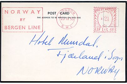 2½d Firmafranko Norway by Bergen Line på brevkort fra Bergen Steamship Company Ltd. i London d. 20.9.1955 til Fjærland, Norge.