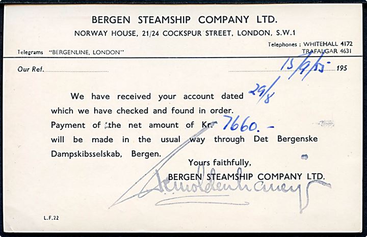 2½d Firmafranko Norway by Bergen Line på brevkort fra Bergen Steamship Company Ltd. i London d. 20.9.1955 til Fjærland, Norge.