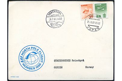 Japansk SAS Nordpolflyvning no. 1000 brevkort fra Tokyo d. 25.2.1961 via København Lufthavn d. 26.2.1961 til Horten, Norge.