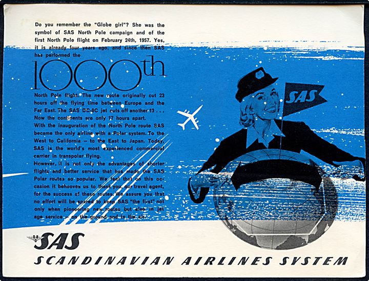 Japansk SAS Nordpolflyvning no. 1000 brevkort fra Tokyo d. 25.2.1961 via København Lufthavn d. 26.2.1961 til Horten, Norge.