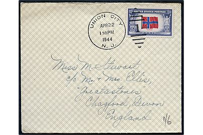 5 cents Norway Occupied Countries udg. single på brev fra Union City d. 22.4.1944 til Changford, England. Uden censur.