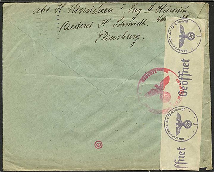 20 øre Karavel (2) på brev fra tysk sømand ombord på dampskibet S/S Heinrich Schmidt stemplet Aalborg d. 20.3.1941 til Flensburg, Tyskland. Åbnet af tysk censur i Hamburg. 