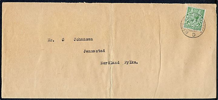 Britisk ½d George V single på aflang kuvert tryksag annulleret mes norsk skibsstempel Bergen - Newcastle Posteksp. D d. 23.11.1926 til Jennestad, Norland, Norge.