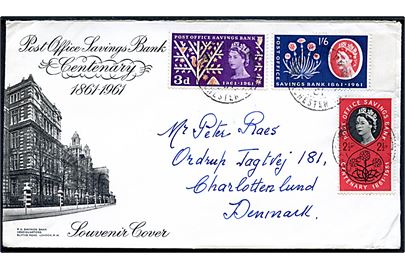 Komplet sæt Post Office Savings Bank på illustreret FDC fra Aldham d. 28.8.1961 til Charlottenlund, Danmark.