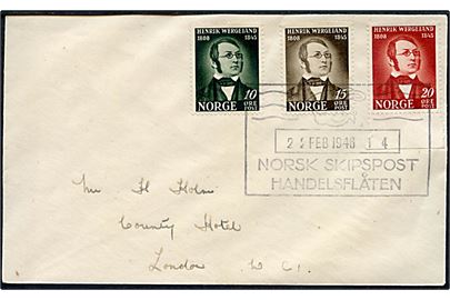Komplet sæt Henrik Wergeland på filatelistisk kuvert annulleret med skibsstempel Norsk Skipspost Handelsflåten 14 d. 22.2.1946 til London.