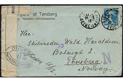 25 c. på fortrykt kuvert fra S/S Hydra af Tønsberg stemplet Dieppe d. 26.11.1918 til Tønsberg, Norge. Åbnet af fransk censur i Dieppe med censorstempel 0* og 12. 