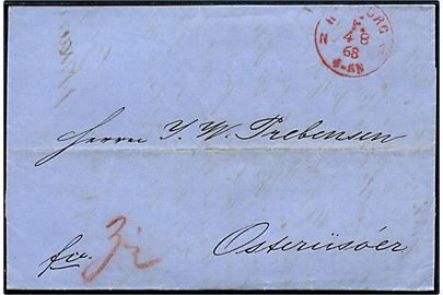 1868. Ufrankeret francobrev med rødt stempel Hamburg F. N.1 d. 4.8.1868 til Østerrisøer, Norge. 