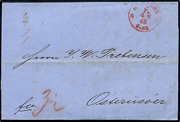 1868. Ufrankeret francobrev med rødt stempel Hamburg F. N.1 d. 4.8.1868 til Østerrisøer, Norge. 