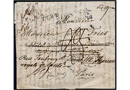 1841. Francobrev med langt indhold og antiqua stempel Kjøbenhavn d. 31.7.1841 via Hamburg til Paris, Frankrig - eftersendt flere gange. Liniestempel T.T.R.4 og DANEMARCK PAR HAMBOURG.