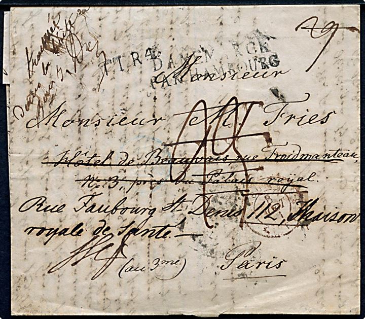 1841. Francobrev med langt indhold og antiqua stempel Kjøbenhavn d. 31.7.1841 via Hamburg til Paris, Frankrig - eftersendt flere gange. Liniestempel T.T.R.4 og DANEMARCK PAR HAMBOURG.