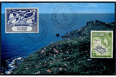 1d Elizabeth og 3d UPU på billedside af brevkort annulleret Pitcairn Island Post Office d. 4.6.1964 til USA.