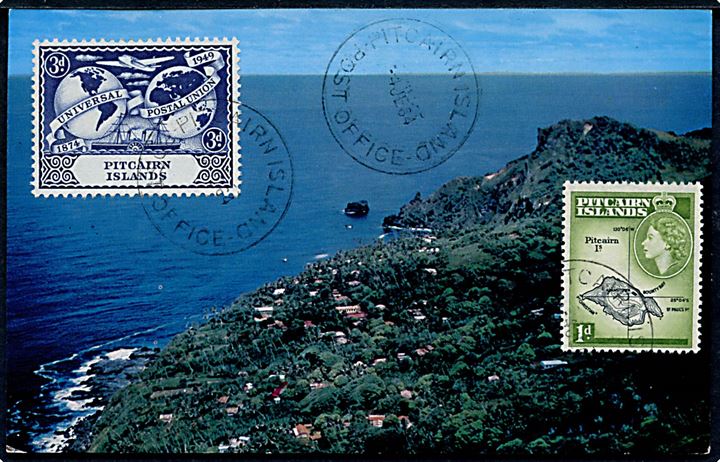 1d Elizabeth og 3d UPU på billedside af brevkort annulleret Pitcairn Island Post Office d. 4.6.1964 til USA.