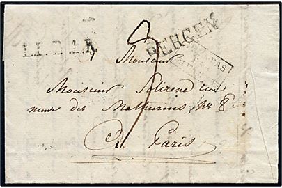 1818. Portobrev med fuldt indhold fra Mons med liniestempel BERGEN, samt L.P.B.1.R. og Pays-Bas par Valenciennes til Paris, Frankrig.
