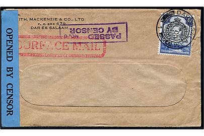 30 c. George VI på rudekuvert sendt som overfladepost fra Dar es Salam d. 21.12.1939. Åbnet af lokal censur med blå banderole og stempel Passed by Censor no. 6.