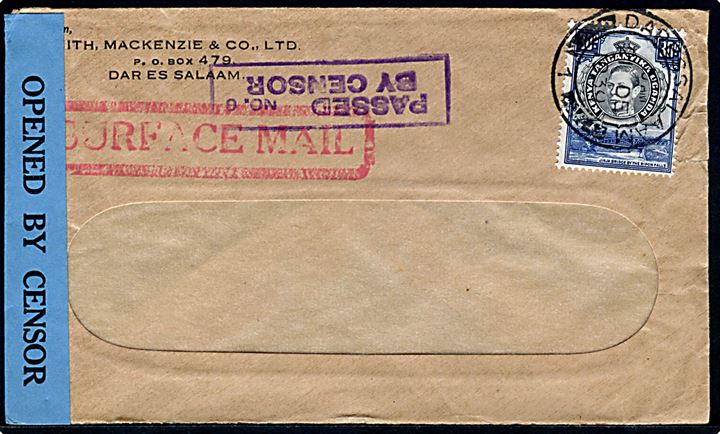 30 c. George VI på rudekuvert sendt som overfladepost fra Dar es Salam d. 21.12.1939. Åbnet af lokal censur med blå banderole og stempel Passed by Censor no. 6.