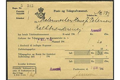 Telefonregning formular T.70 (3-46 B6) fra Assens d. 7.6.1946.