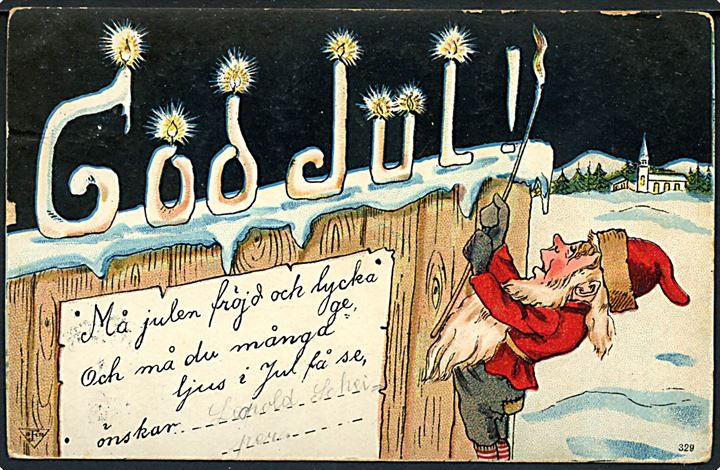 Tegnet Svensk julekort med nisse der tænder julelys. F. no. 329.