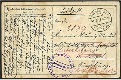Feltpostkort fra flyverafdeling stemplet Feldpost d. 21.7.1917 til soldat i Augsburg - eftersendt. Briefstempel: Flieger Abteilung 148.
