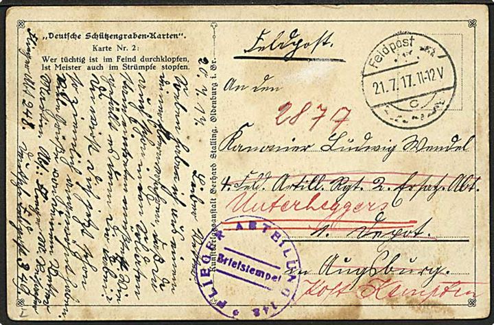Feltpostkort fra flyverafdeling stemplet Feldpost d. 21.7.1917 til soldat i Augsburg - eftersendt. Briefstempel: Flieger Abteilung 148.