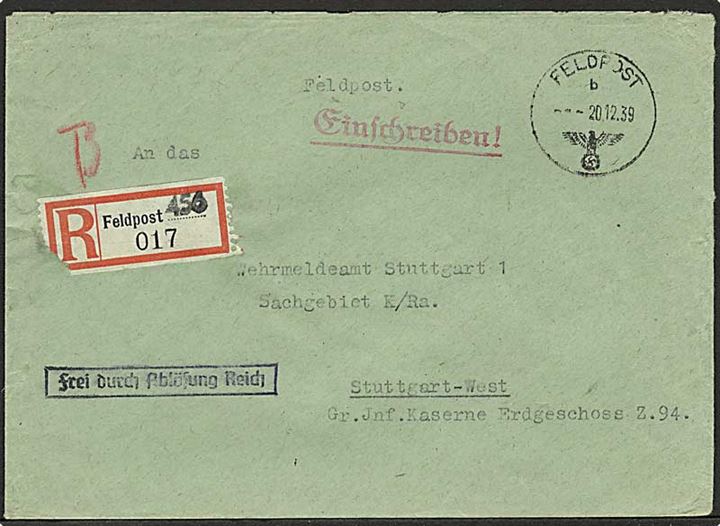 Ufrankeret anbefalet feltpostbrev stemplet Feldpost d. 20.12.1939 til Stuttgart, Tyskland. Rec.-etiket påstemplet taktisk feltpost-nr. 456.