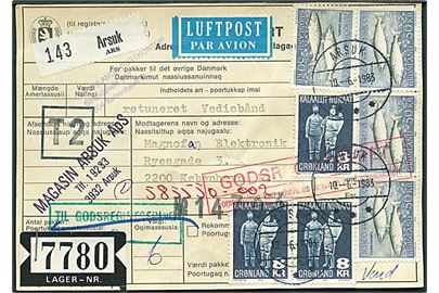 2 kr. 1000 år, 5 kr. Dorset, 8 kr. Træfigur (3) og 50 kr. Skællaks (4) på for- og bagside af adressekort for luftpostpakke fra Arsuk d. 10.6.1983 til København.