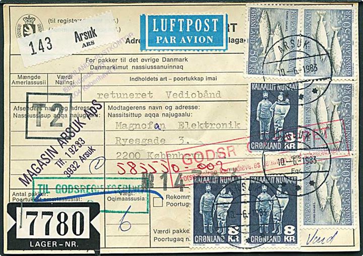 2 kr. 1000 år, 5 kr. Dorset, 8 kr. Træfigur (3) og 50 kr. Skællaks (4) på for- og bagside af adressekort for luftpostpakke fra Arsuk d. 10.6.1983 til København.