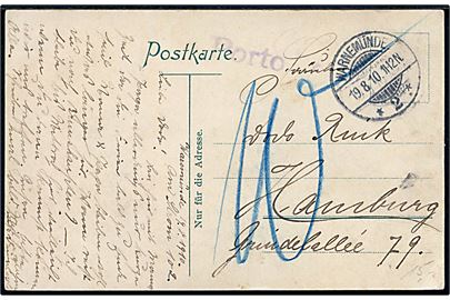 Ufrankeret brevkort (Warnemünde havn med færge) fra Warnemünde d. 19.8.1910 til Hamburg. Liniestempel Porto og udtakseret i 10 pfg. porto.