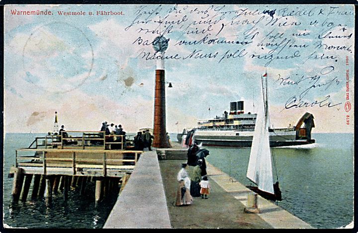Ufrankeret brevkort (Warnemünde havn med færge) fra Warnemünde d. 19.8.1910 til Hamburg. Liniestempel Porto og udtakseret i 10 pfg. porto.