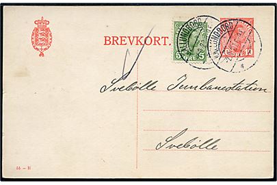 10 øre Chr. X helsagsbrevkort (fabr. 55-H) opfrankeret med 5 øre Chr. X annulleret brotype IIa Kallundborg d. 2.9.1920 til Svebølle.