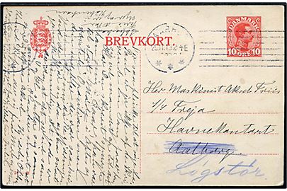 10 øre Chr. X helsagsbrevkort (fabr. 52-M) fra Aarhus d. 26.11.1919 til sømand ombord på S/S Freja, Havnekontoret, Aalborg - eftersendt til Løgstør.