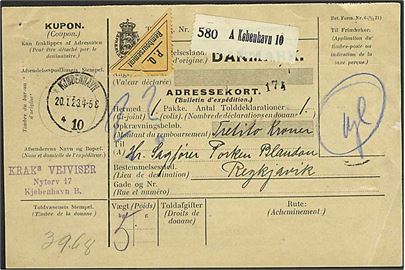 Ufrankeret internationalt adressekort for pakke med opkrævning fra Kjøbenhavn d. 20.1.1923 til Reykjavik, Island. På bagsiden ank.stemplet Reykjavik d. 30.1.1923.