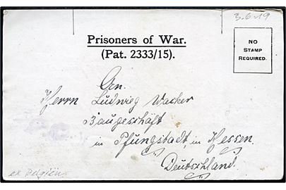 Britisk krigsfange foldebrev dateret i Belgien d. 3.6.1919 fra tysk fange i P.O.W. Comp. 390 i Frankrig til Pfungstadt, Tyskland. Svagt censurstempel. 