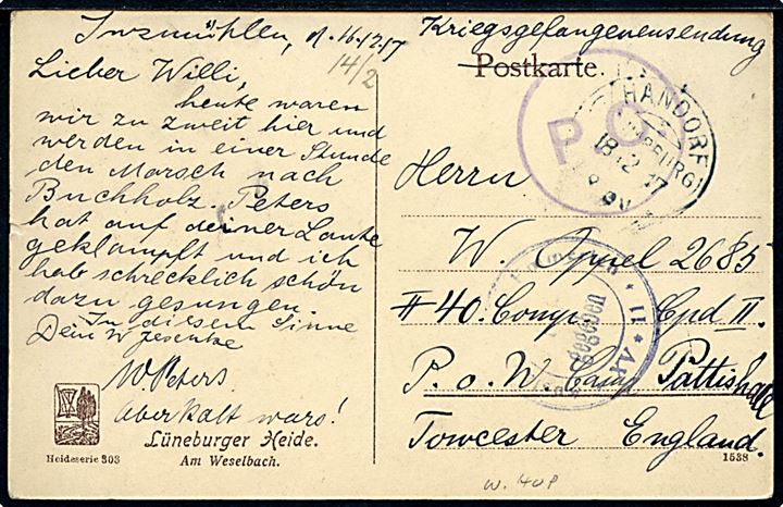 Ufrankeret krigsfangekort fra Handorf d. 18.12.1917 til tysk krigsfange i P.o.W. Camp Pattishall, England. Tysk censur fra Emmerich og britisk lejrcensur. 