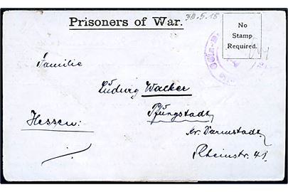 Ufrankeret fortrykt krigsfange foldebrev med langt indhold dateret d. 30.5.1918 til Pfungstadt, Tyskland. Sendt fra tysk fange i Catterick P.o.W Camp. Både tysk og britisk censur.