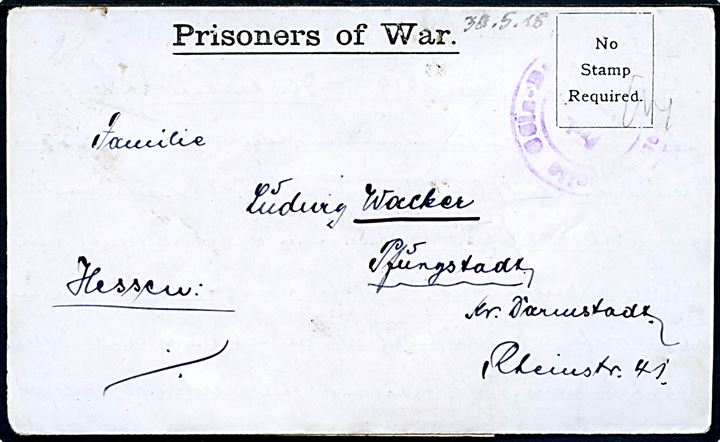 Ufrankeret fortrykt krigsfange foldebrev med langt indhold dateret d. 30.5.1918 til Pfungstadt, Tyskland. Sendt fra tysk fange i Catterick P.o.W Camp. Både tysk og britisk censur.