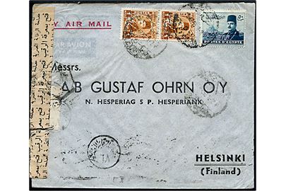 1 mill (par) og 50 mills på luftpostbrev fra Alexandria d. ?.3.1953 til Helsinki, Finland. Åbnet af egyptisk censur.