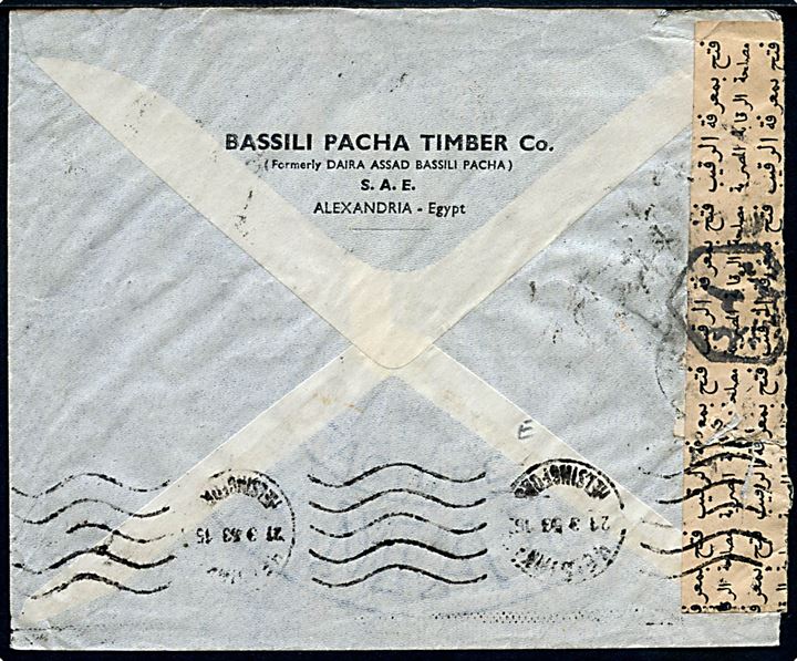 1 mill (par) og 50 mills på luftpostbrev fra Alexandria d. ?.3.1953 til Helsinki, Finland. Åbnet af egyptisk censur.