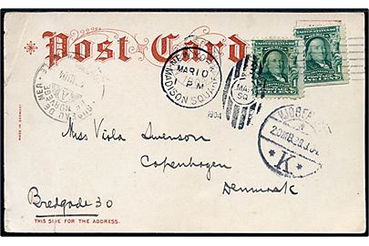 1 cent Franklin (2) på brevkort (Sort skopudser Jim) fra New York d. 10.3.1904 via norske sejlende bureau Bureau de Mer de Norvege Bergen - Newcastle A d. 22.3.1904 til København, Danmark. Fold.